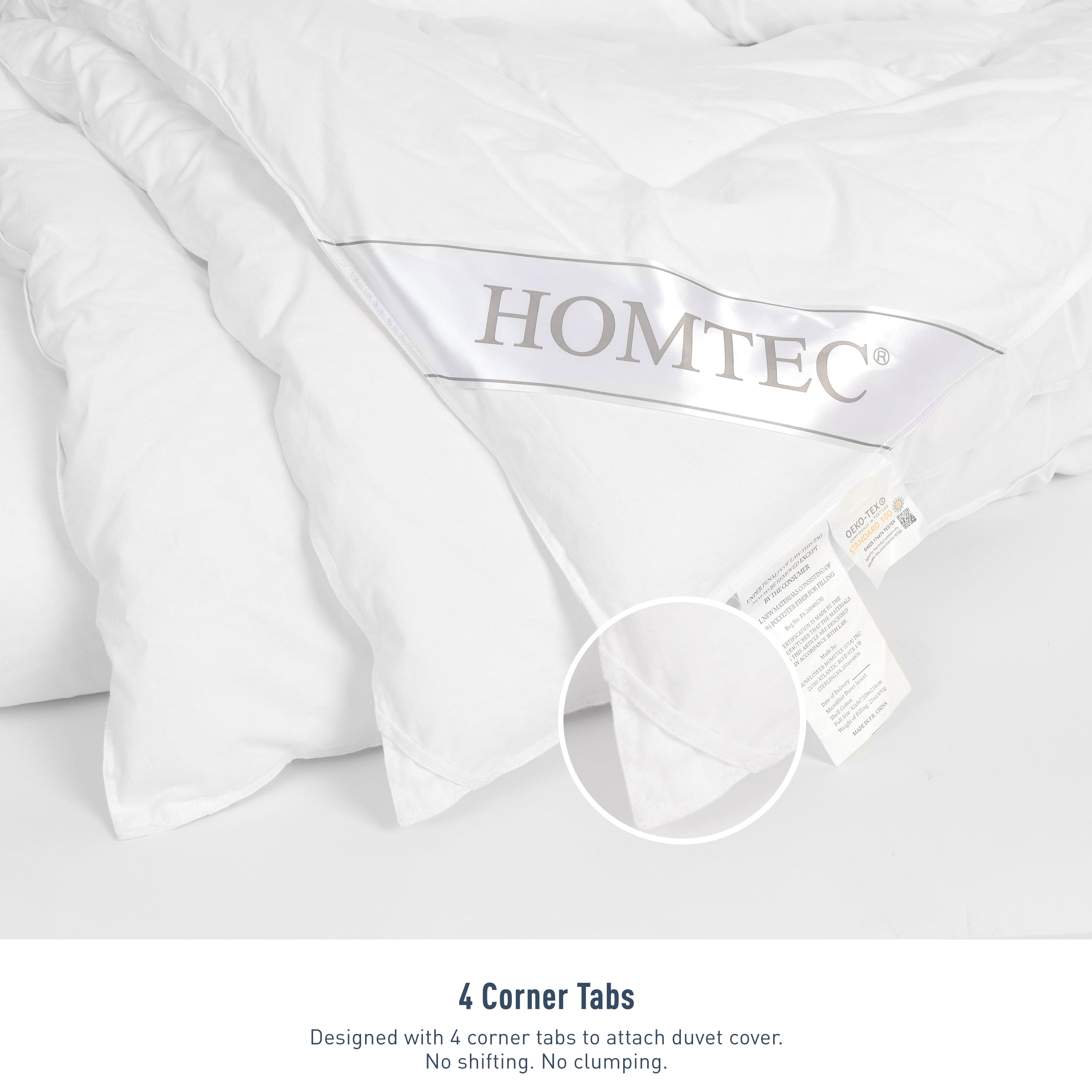 HOMTEC Queen Duvet Insert, White Cotton Comforter, All Season Down Alternative Duvet with 100% Cotton Cover, 4 Corner Tabs, Washable Breathable Noiseless