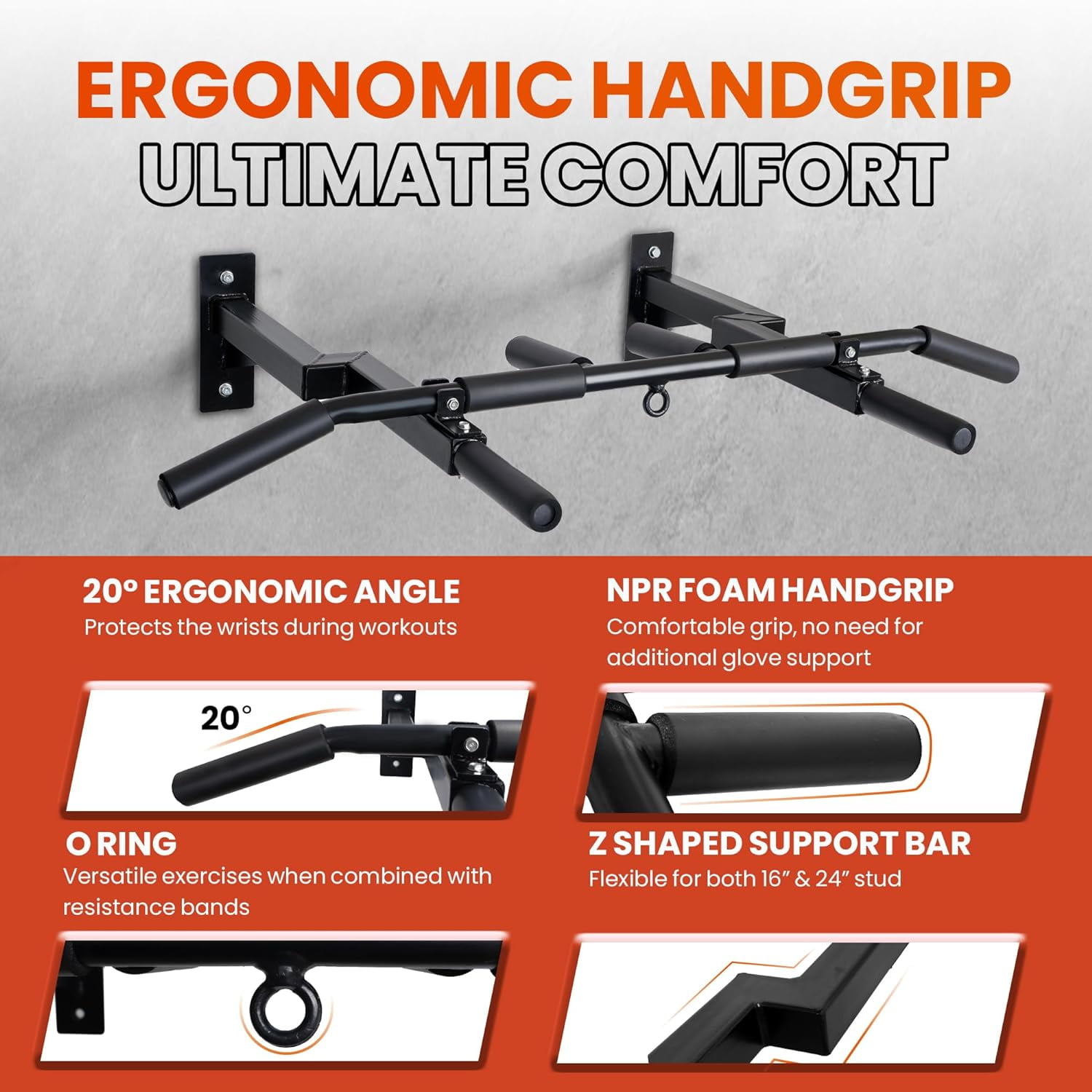 Yes4All Wall Mounted Pull Up Bar, Steel 16 & 24 in
