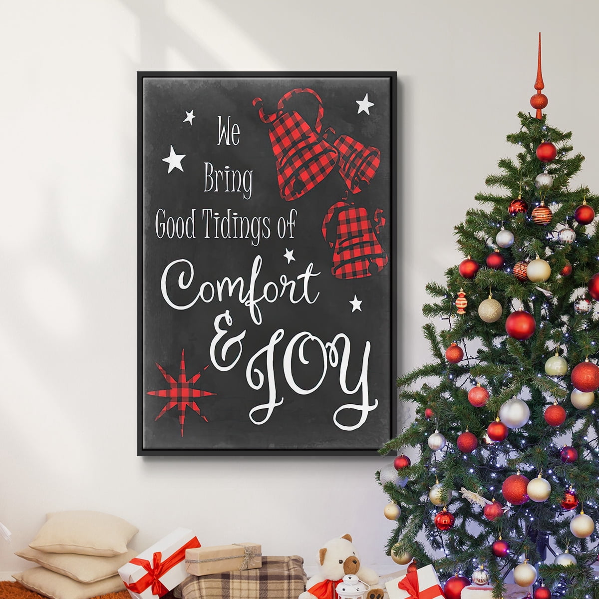 Comfort and Joy in Red - Framed Gallery Wrapped Holiday Canvas - 27 x 41 - Black Frame