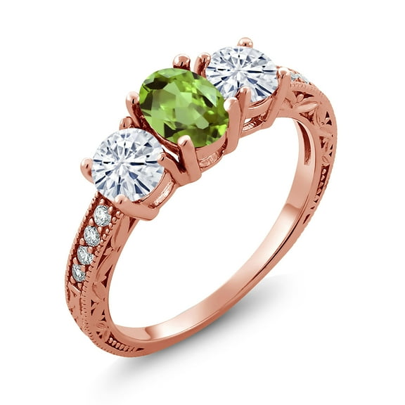 Gem Stone King 18K Rose Gold Plated Silver 3-Stone Ring Peridot Moissanite(2.02 Cttw) (Size 5)