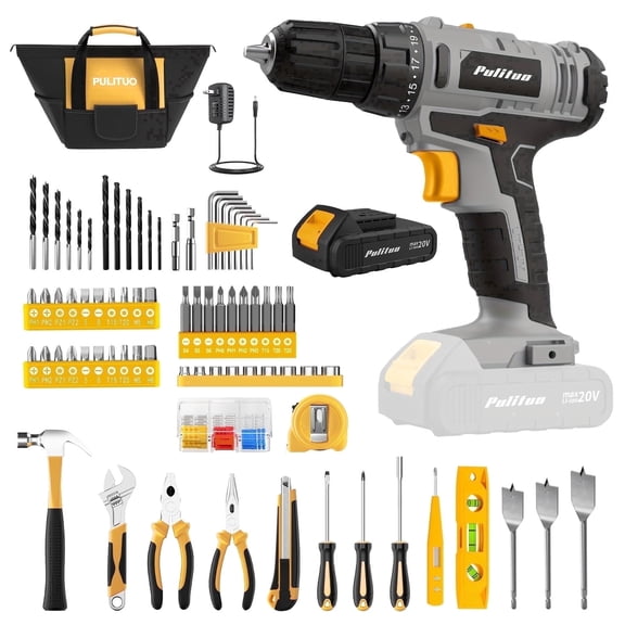 Pulituo 20V Cordless Drill Driver Kit, Home Tool Set with 20V Lithium-Ion Drill, 119PCS All-Purpose Kit, 21 1 Torque, 2-Speed, DIY & Home Repairs Yellow
