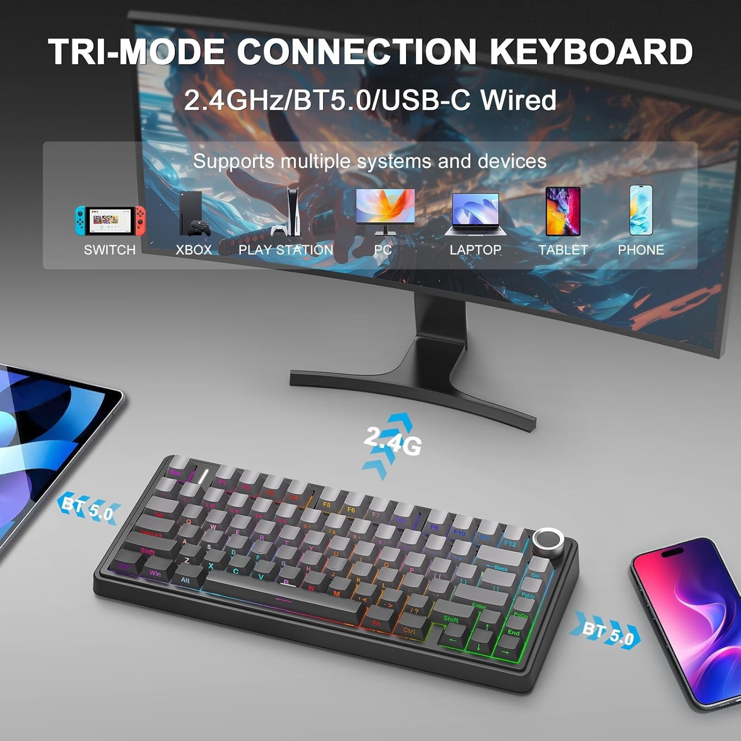AULA F75 - 75% Mechanical Keyboard,Hot Swappable Custom Gaming Keyboard with Knob,BT5.0/2.4GHz/USB-C,RGB Backlit,Pre-lubed Reaper Switches,Double Shot PBT Keycaps,Mechanical Gaming Keyboards