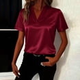 thumbnail image 2 of Qgtaibl Satin Blouse for Women V Neck Short Sleeve Loose Fit Tunic Tops Summer Elegant Breathable Work Office Shirts Wine XL, 2 of 7