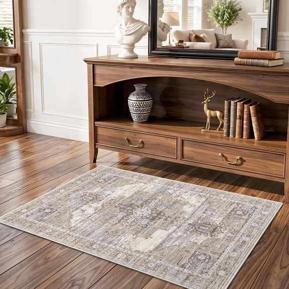 RUUGME Washable 2x3 Area Rugs - Large Boho Rugs for Living Room Stain Resistant Carpet Vintage Tribal Rugs for Bedroom Kitchen Bathroom with Non Slip Backing Home Decor Floor Decoration Mat 2x3 Beige