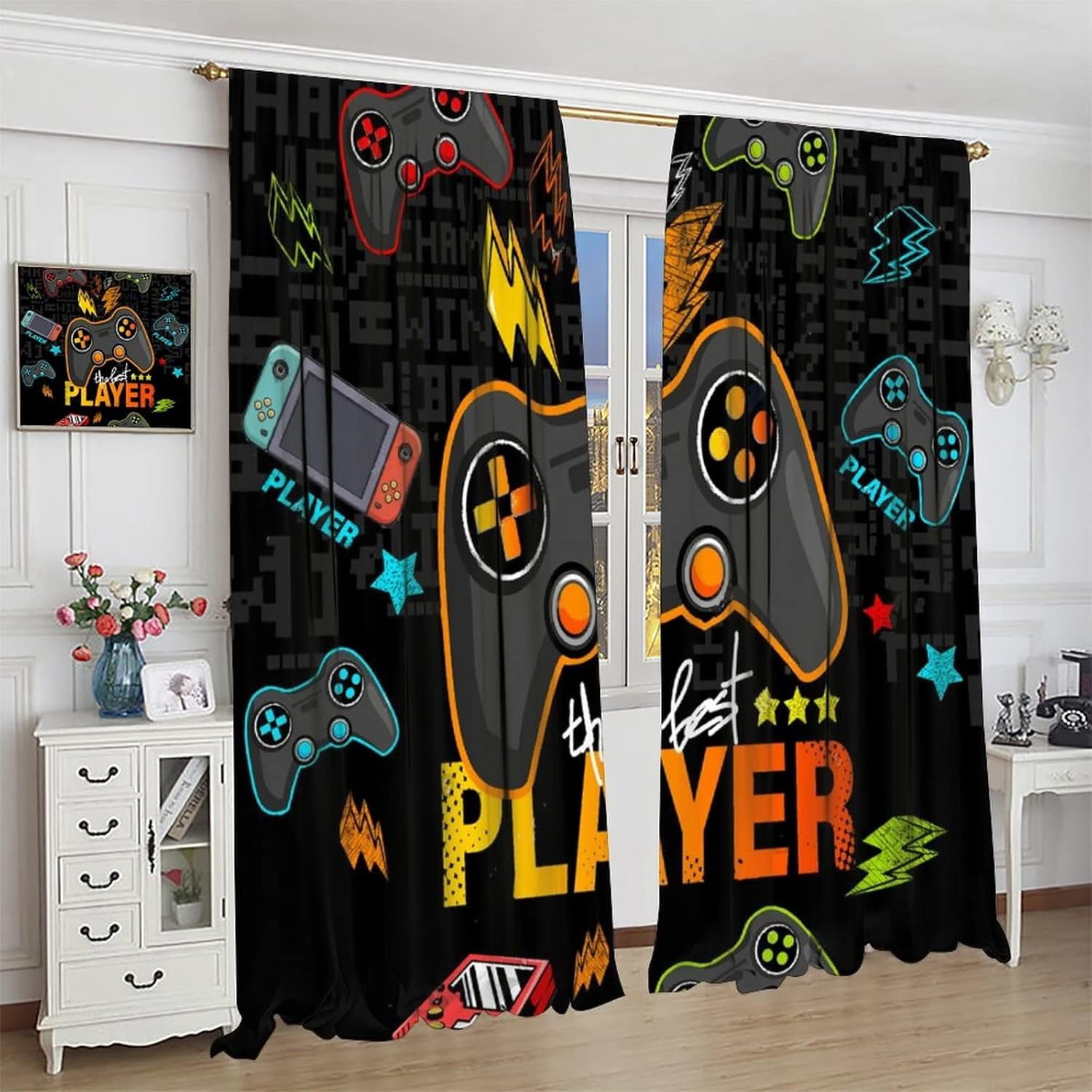 Kids Gamepad Gamer Curtains for Boys Girls Colorful Game Controller Thermal Insulated Room, Video Games Controller Curtains Rod Pocket Customized Curtains 84x84 Inch Blackout