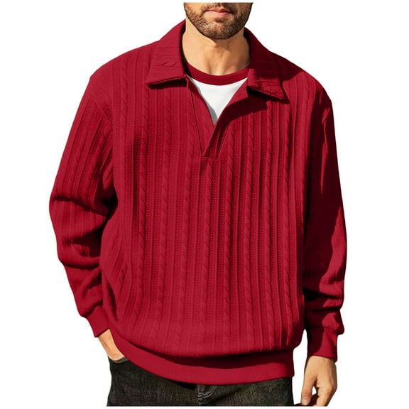 ZCFZJW Mens Knit Sweaters Lightweight Casual Long Sleeve Pullover Sweater Trendy Solid Color Basic V Neck Collared Sweater Golf Sweaters and Pullovers Red L