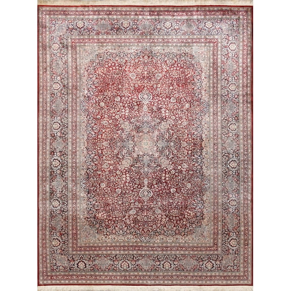 Pasargad Home Kashan 111" x 145" Hand-Knotted Silk Fabric Area Rug in Red/Navy