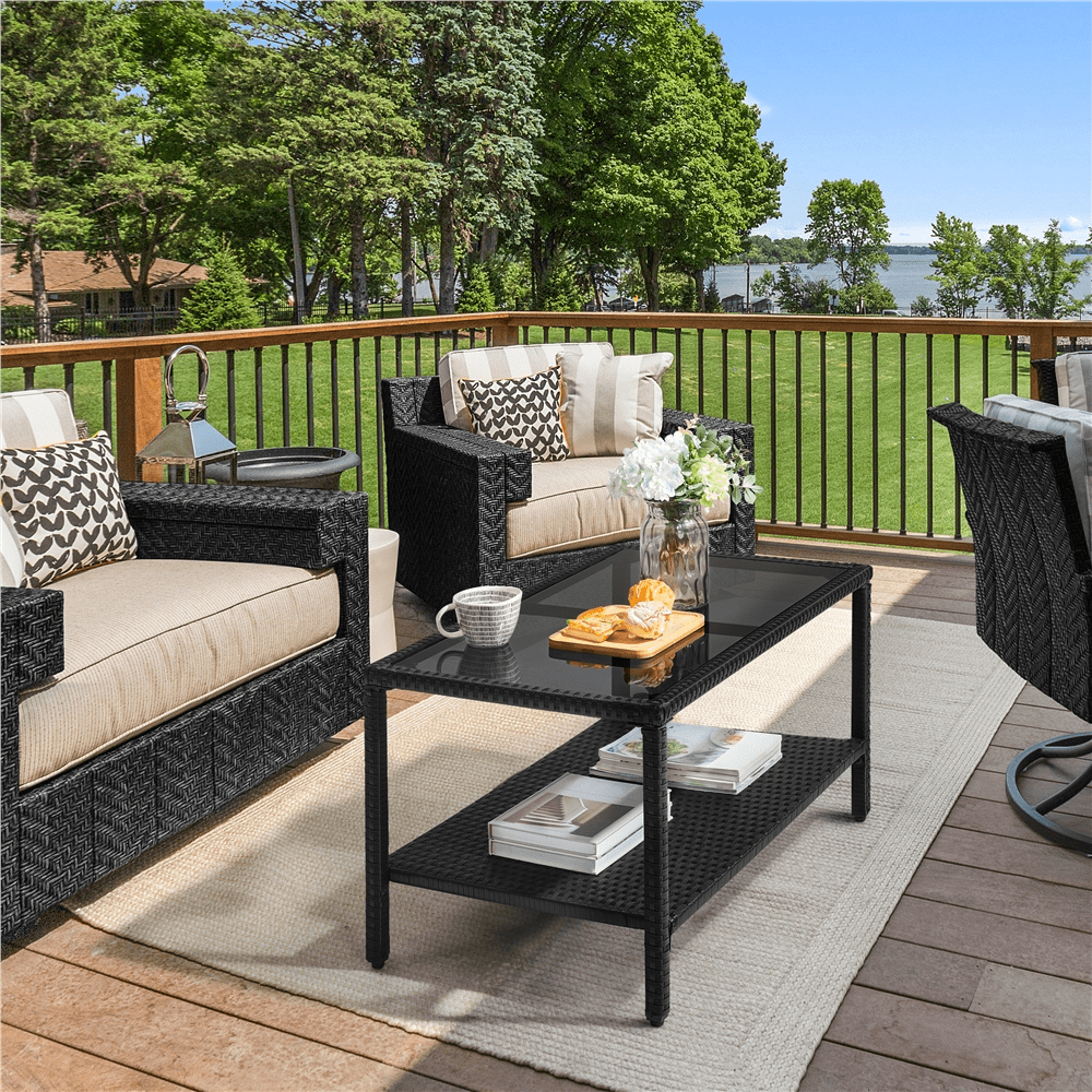 Renwick Outdoor Wicker Coffee Table with Storage Shelf, Black