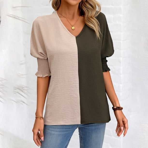 Fiudx Ofertas Relámpago Top de Bloques de Color con Cuello En V, Informal, Suelto, con Mangas Anudadas para Mujer