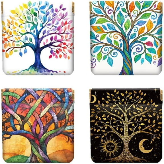 4Pcs Small Leather Squeeze Coin Purse for Women-tree of life Pattern Waterproof Durable Change Pouch Mini Money Wallet Best Gift for Adult Girls