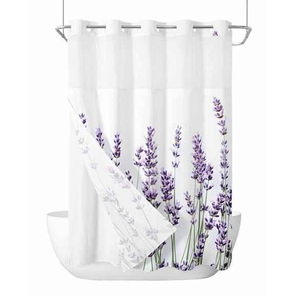 No Hook Cloth Fabric Shower Curtain with Snap in Liner, Purple Lavender Waterproof Shower Curtains Set with See Through Top Window, Spring Botanical Garden Florals Motifs Bath Curtains Shower 48"x72"