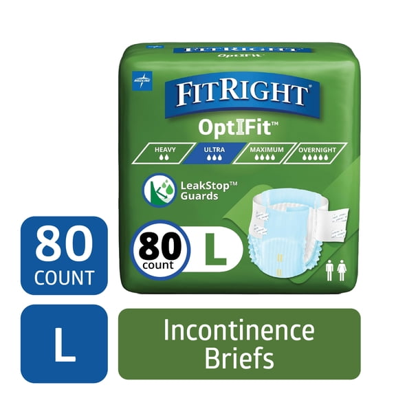 FitRight Adult Incontinence Briefs, Diapers with Tabs, Ultra Absorbent, Large, 60in to 70in, 80 Count