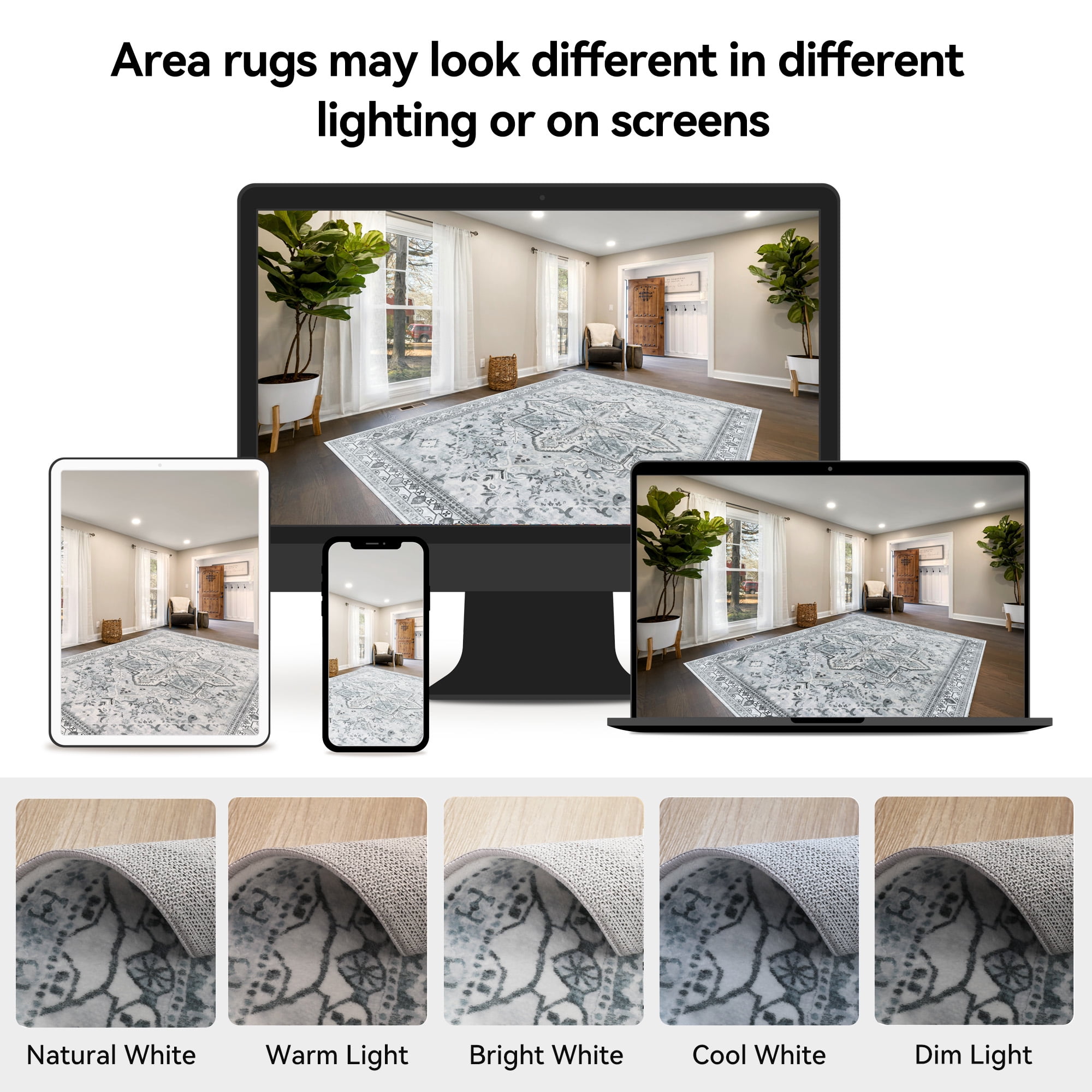 Lalado 8ft x 10ft Area Rugs for Living Room Washable Rugs Boho Floral Carpet Soft Low Pile Non-Slip Rug for Bedroom Dining Room Indoor Vintage Home Decor, Gray