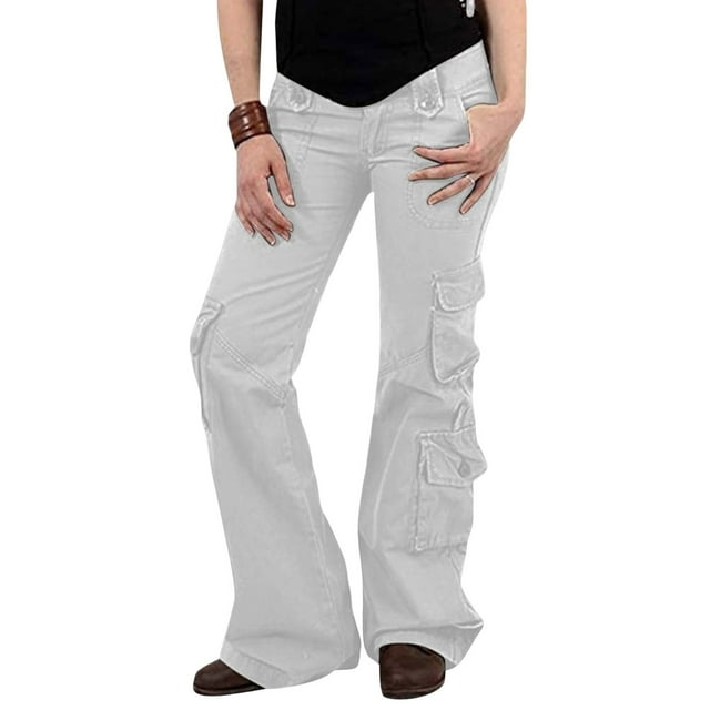Jsaierl Womens Plus Size Cargo Pants Low Rise Casual Wide Leg Pants Stretch Relax Fit Workout Trousers with Pockets
