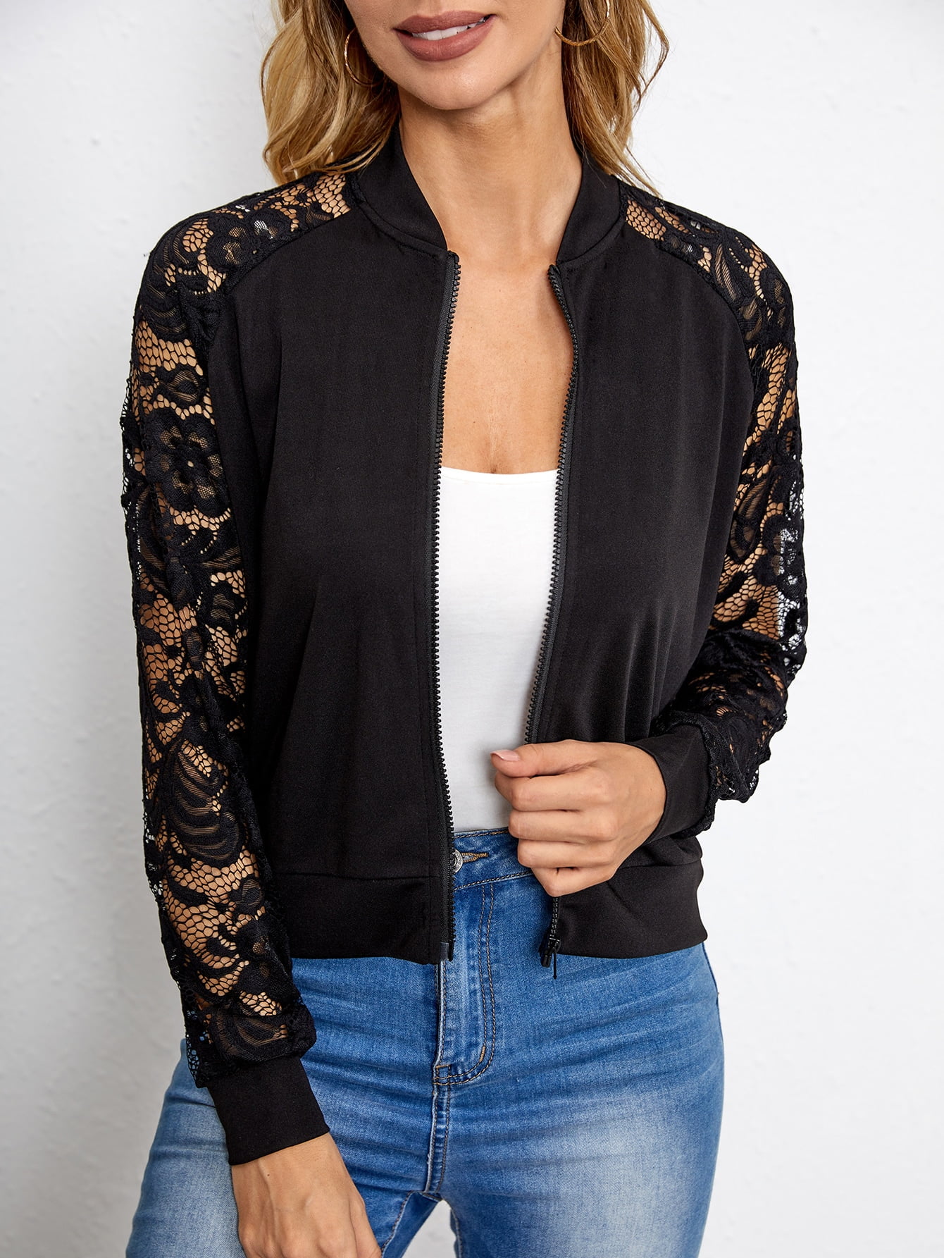 Black Casual Contrast Lace Panel Bomber 