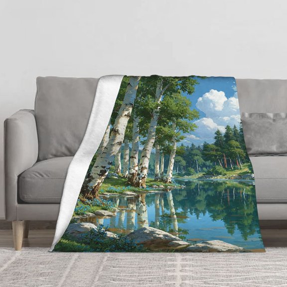Birch Forest Lake Reflection Summer Throw Blanket, Fresh Nature Scenery Soft Flannel Blanket for Couch Bed