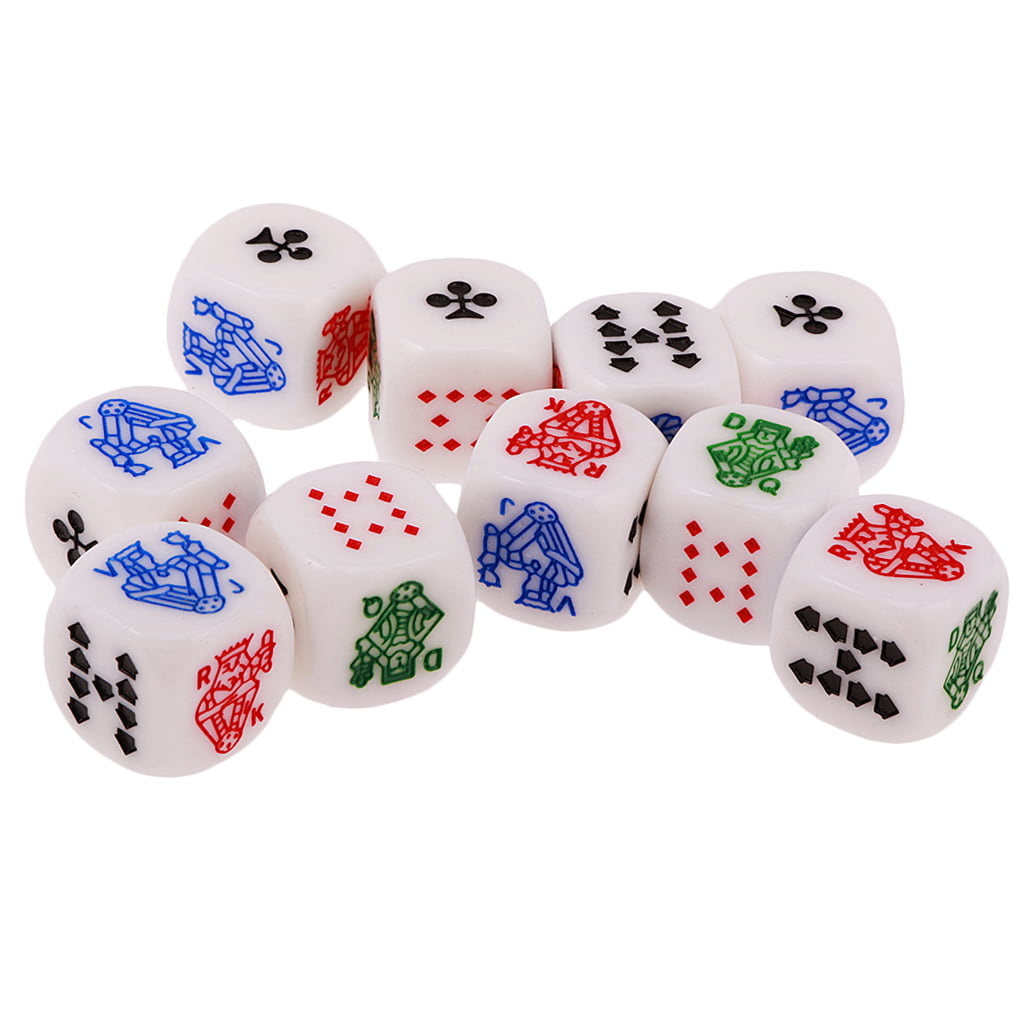 10x 16mm Acrylic Six Sided Poker Dice Set of Ace King Queen   10 and 9 Side 