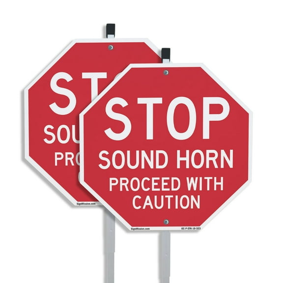 Stop Sound Horn Proceed with Caution (2 Pack) 10 inch X 10 inch Octagon Plastic Signs with Aluminum Mounting Stakes Weather Resistant UV Protected for Workplace Private Property and
