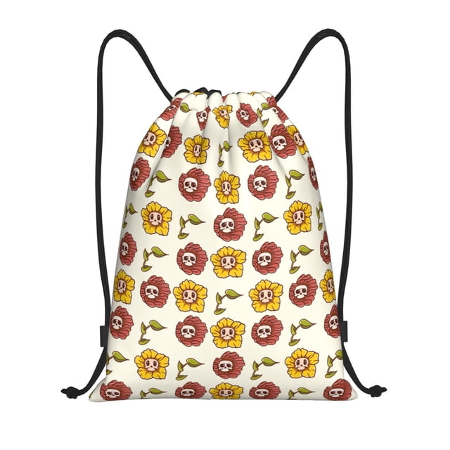 Saiise Sunflowers And Skull Pattern Sports Drawstring Backpack - String Swim Gym Bag with Wet Proof Pocket for Women&Men-Medium