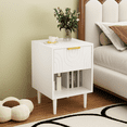 thumbnail image 5 of PAPROOS White Nightstand, Modern Wood Bedside Table with Drawer and Open Shelf, Small Side Table End Table with Gold Handle and Carved Drawer Panel for Bedroom, Living Room, 1 Pack, 5 of 7
