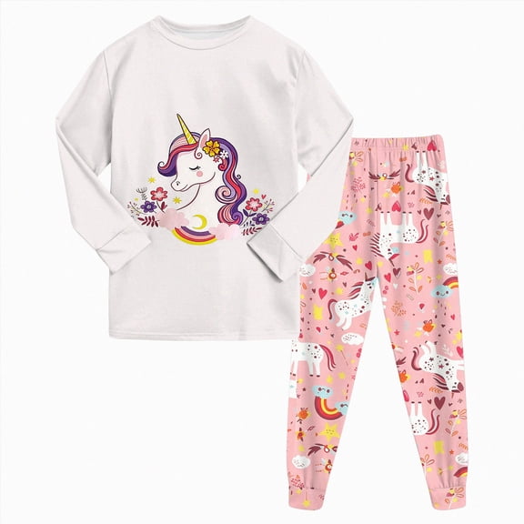 Kogui Cute Pajamas for Girls Kids Girls Print Pajamas Long Sleeve 2-Piece Soft Stretchy Sleepwear Set Cute Cartoon Kids Pjs 6T 7T (Light Purple,6-7 Years)
