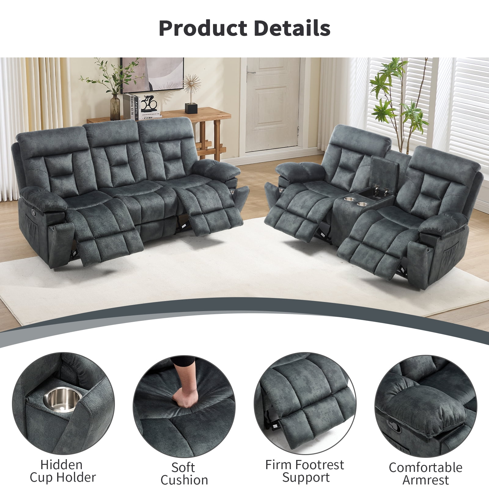 Bonzy Home 2-Piece Recliner Sofa Set — Reclining Loveseat & Extra-Wide 3-Seat Bonded Fabric Sofa, Grayish Green
