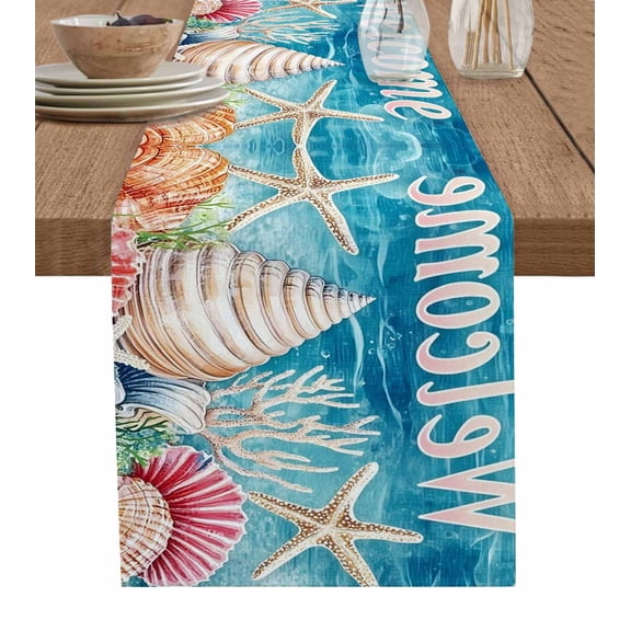 Coastal Ocean Table Runner 48 Inches, Summer Wave Starfish Coral Shell Bed Runner Dresser Scarves Tabletop for Indoor Outdoor Parties/Ceremony/Banquet, 13" x 48"
