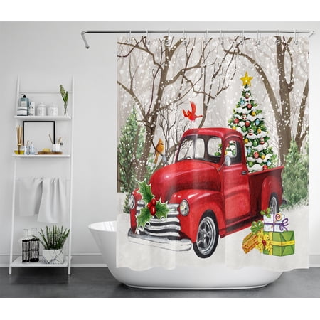 HVEST Merry Christmas Shower Curtain for Bathroom Decor,Red Truck and Xmas Tree Shower Curtains,Winter Snow Forest and Cardinals Polyester Waterproof Fabric Bath Curtain with Hooks,60x72 Inches