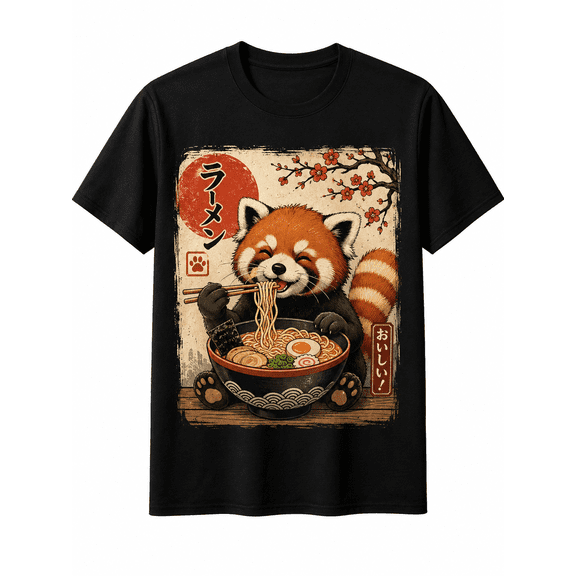 Cute Red Panda Graphic T-Shirt Funny Ramen Lover Japanese Food Art Casual Crew Neck Short Sleeve Tee Unisex