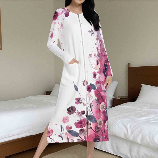 Batas de invierno para mujer, camisón cálido y camisón de invierno con cremallera y bolsillos, pijama holgado para mujer.