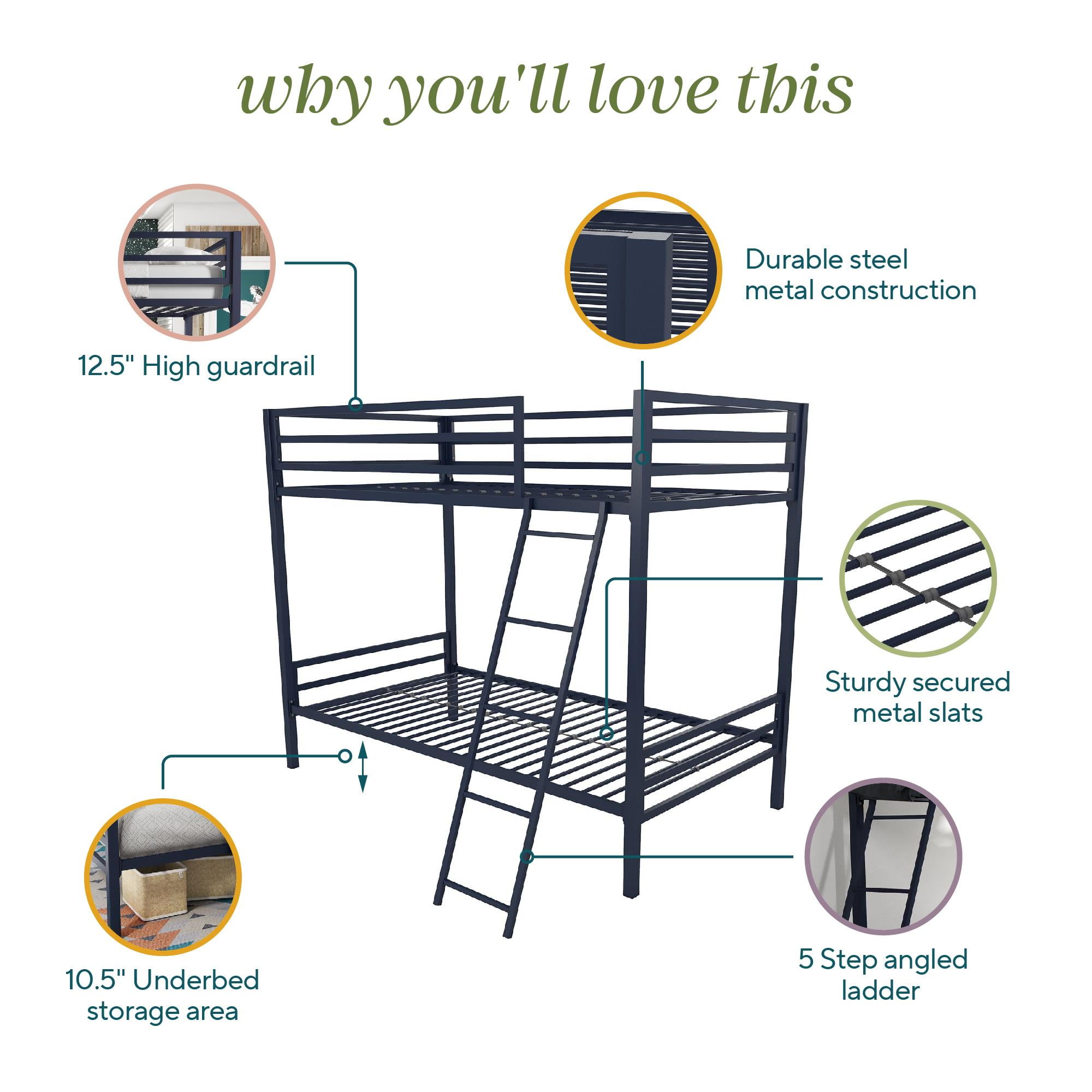 Novogratz Maxwell Twin-Over-Twin Metal Bunk Bed with Ladder and Guardrails, Easy Assembly, Navy Blue