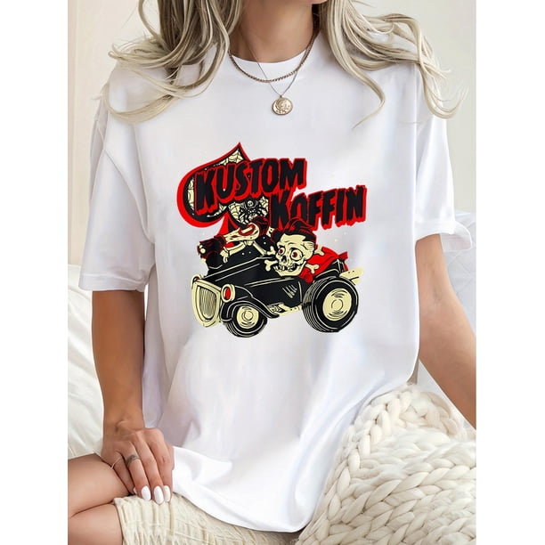 Camiseta informal con estampado de calavera y coche para mujer: cómoda camiseta de manga corta con cuello redondo, perfecta para el verano y para practicar deportes de ocio.