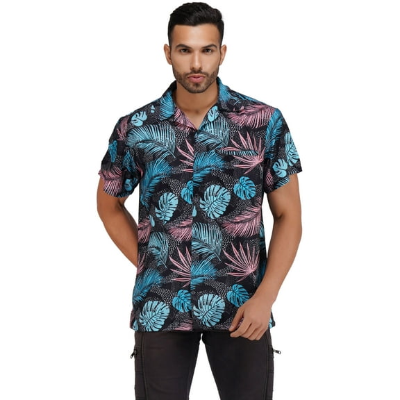 Stylore Hawaiian Shirt for Men Short Sleeve Funky Summer Leaf Black Large