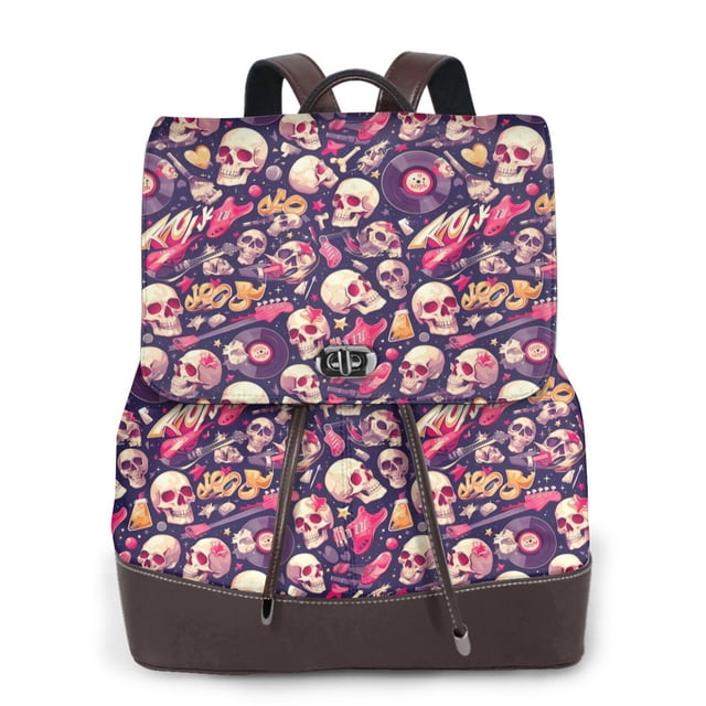 Easygdp music Skull record Guitar Mochila de Cuero para Mujeres, Bolso de Hombro, Bolsos de Mano de Moda para Trabajo y Viajes