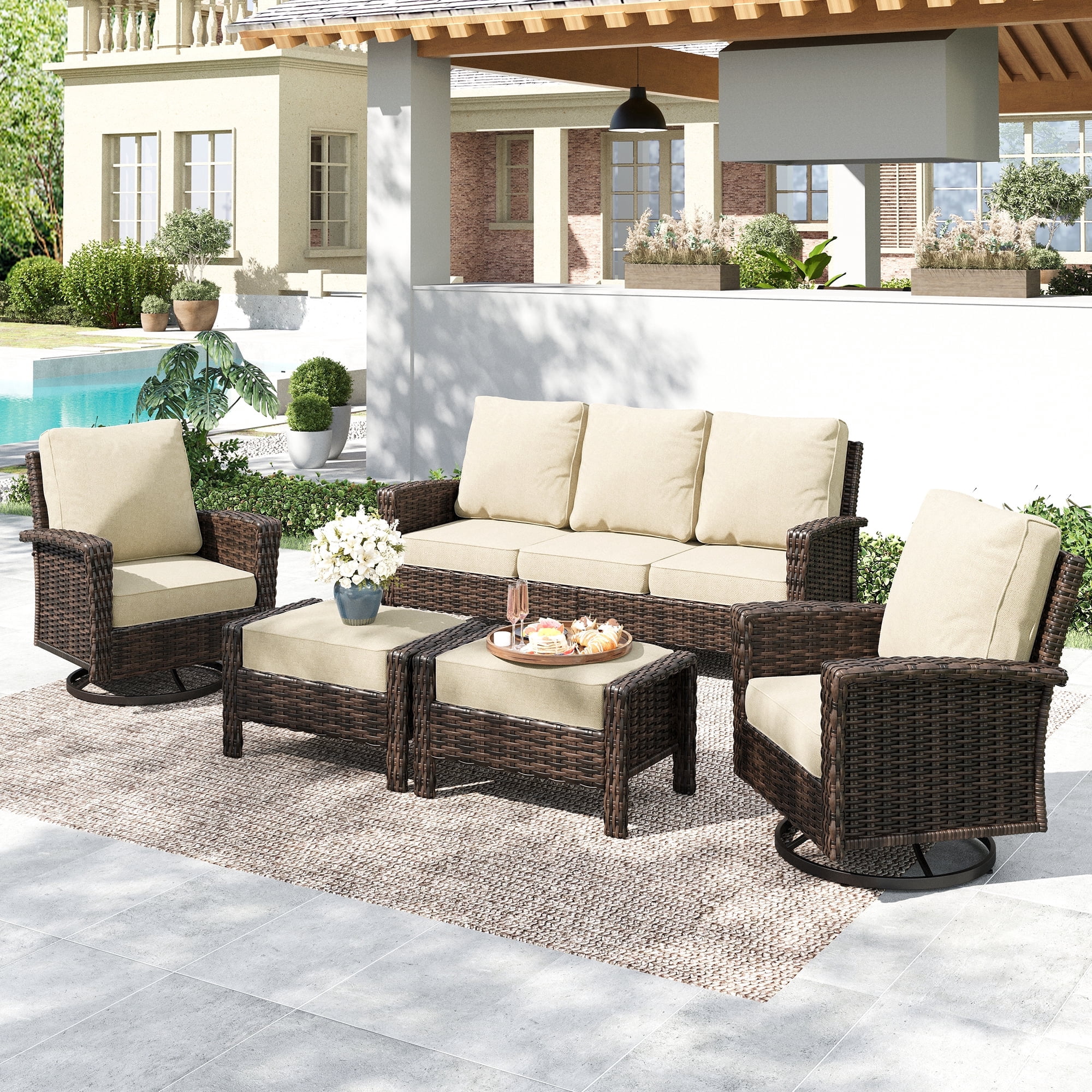SUMMIT LIVING 7-Seat Wicker Patio Furniture Set with 2 Swivel Chairs & 3-Seat Sofa with 2 Ottoman, Outdoor Sectional Conversation Set for Garden, Beige
