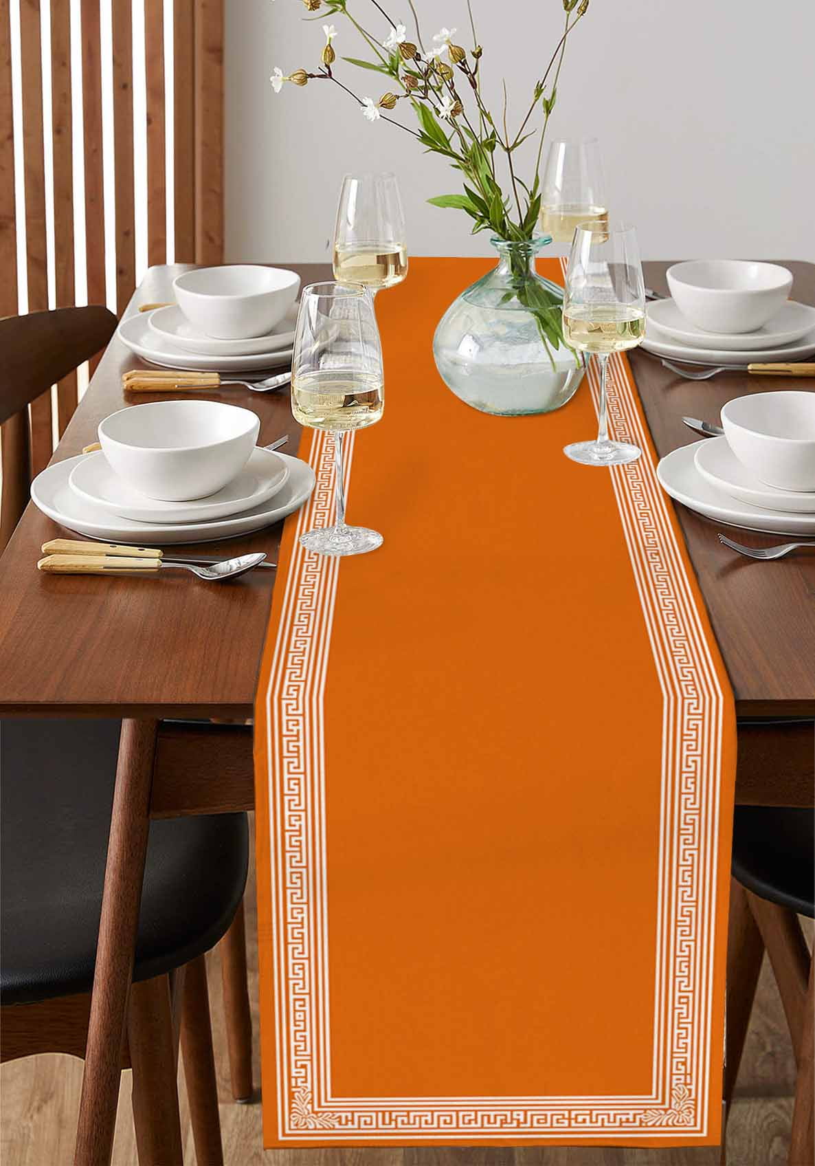 Burnt Orange Geometric Burlap Cotton Table Runner 13x90 Inches Long, Country Greece Key Art Farmhouse Table Runners, Outdoor Dining Tablecloths Decor for Baby Shower/Party/Wedding