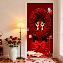 AuroraX Valentines Day Door Cover 35 x 71 Inch Red Roses Wreath Door Cover Romantic Love Decorative Door Banner Decorations for Home Party Anniversary Indoor Outdoor Valentine'S Day Gifts for Couple