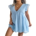 thumbnail image 4 of Femmes Casual Volant Manches V Cou Mini Robe Été en Vrac Flowy une Ligne Babydoll Robes Courtes Bleu Ciel L, 4 of 7