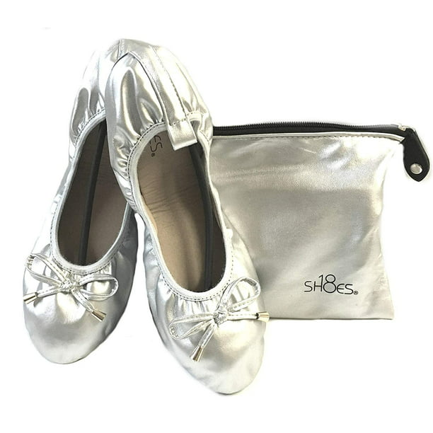Shoes 18 Women's Foldable Portable Travel Ballet Flat Shoes w/Matching  Carrying Case 1180 Silver 5/6