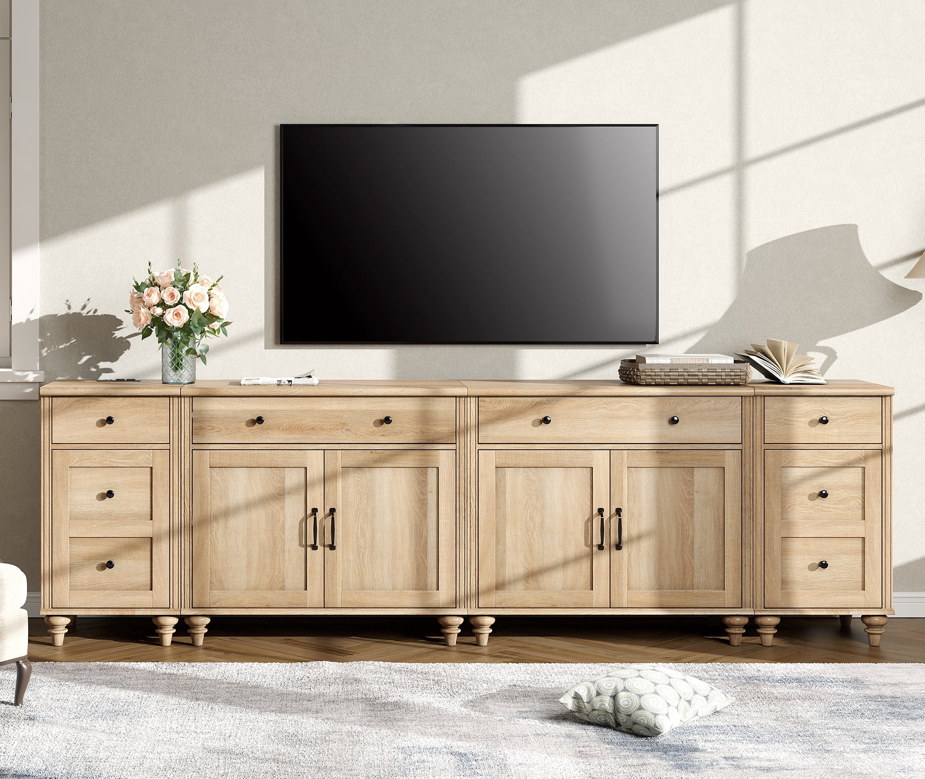WAMPAT TV Stand for 100 Inch TV, 4-in-1 TV Console Table for 75/80/85/90 Inch TV, Farmhouse Entertainment Center with Charging Station, Kitchen Sideboard Buffet Cabinet for Dining Room, Oak