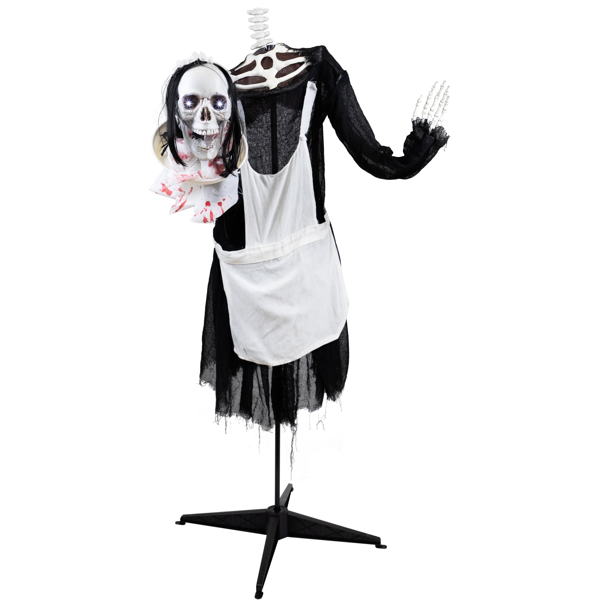 57" Animated LED Lighted Head-in-Hand Skeleton Maid Halloween Decoration