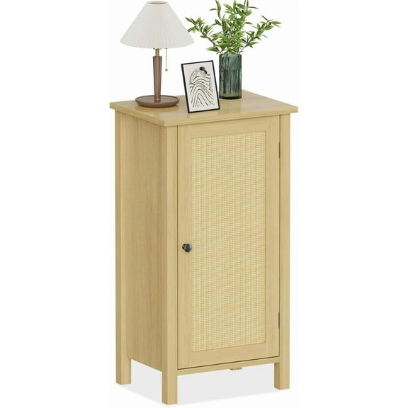 Sunvasagoo Rattan Nightstand with Woven Door, Bamboo Bedside Table with Metal Handles, 30" Storage Cabinet for Bedroom in Black/Natural Color