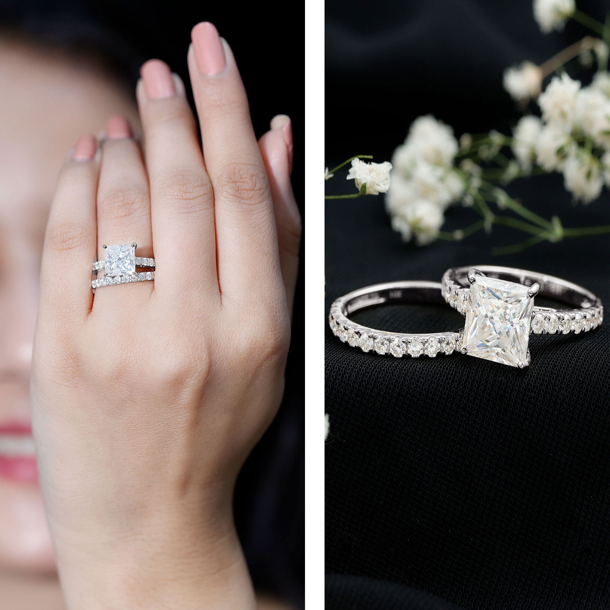 Rosec Jewels Certified Moissanite Princess Cut Wedding Ring Set for Women (8 mm, D-VS1 Quality) - 3 Carat Engagement Ring with Band, 14K White Gold, US 5.50