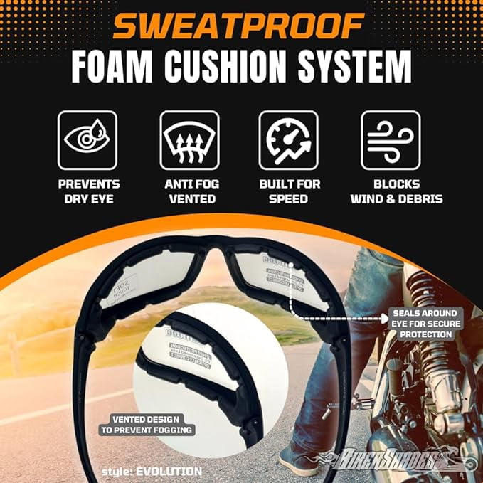 Bikershades Motorcycle Safety Sunglass Foam Padded Men Women Wide Coverage Wind-Proof