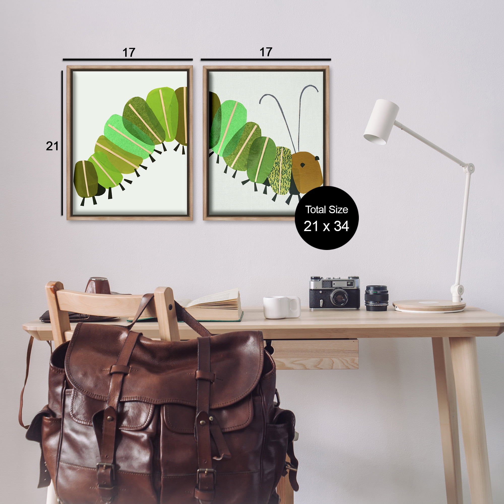 Stupell Industries Cute Cozy Caterpillar Animals Painting Brown Floater Framed Canvas Art Print Wall Art, 17 x 21, Set of 2