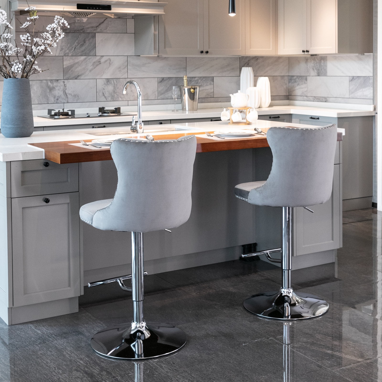 MAYEERTY Swivel Velvet Barstools - Adjustable Seat Height 25-33 Inch, Chrome Base, Tufted Backs, Gray, Set of 2