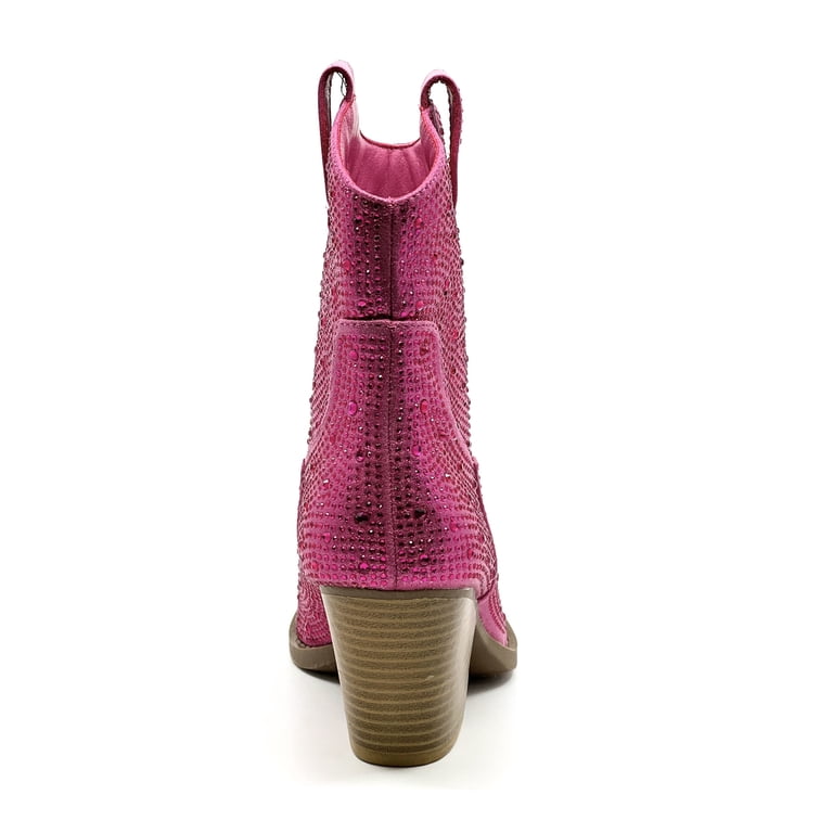Women's Rhinestone Ankle Boots With Block Heel – Forever Fuchsia River-01 Style | Dressy Boots With Sparkle Details