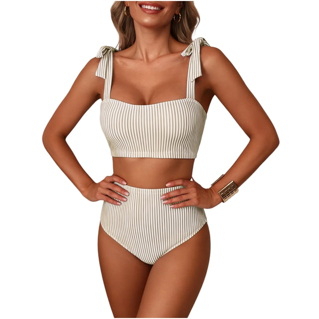 Conjunto de Bikini de Cintura Alta para Mujeres Traje de Baño de Correa sin Espalda de Color Sólido con Sujetadores Acolchados Extraíbles, Estilo de Corte Alto para Vacaciones Y Piscina