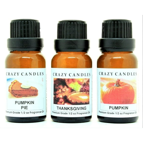 Crazy Candles 3 Bottles Set, 1 Pumpkin, 1 Pumpkin Pie, 1 Thanksgiving 1/2 Fl Oz Each (15ml) Premium Grade Scented Fragrance Oils Made in USA