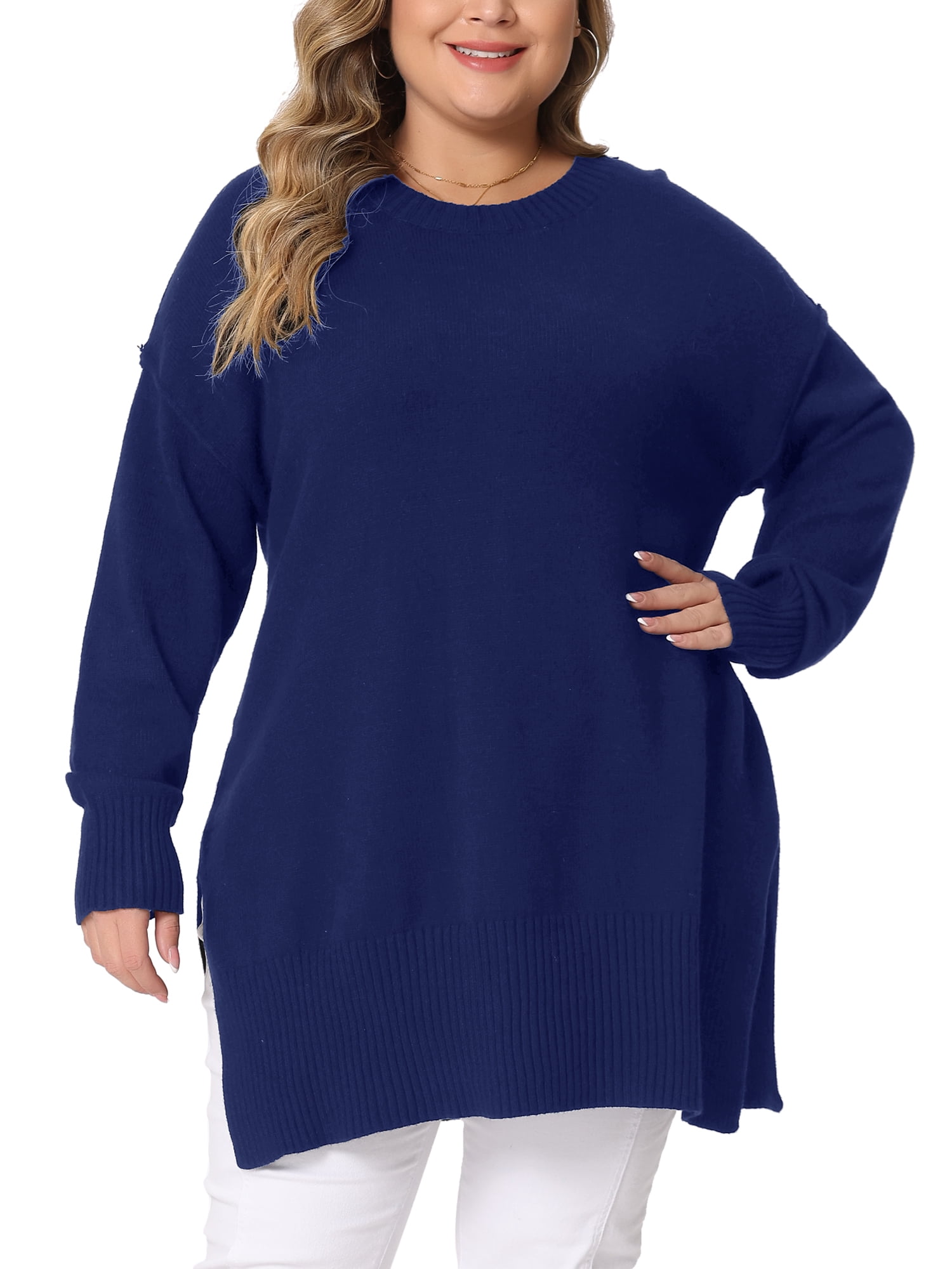 DARING DIVA Women's Plus Crew Neck Long Sleeve Slit Hem Pullover Sweater 3X Blue